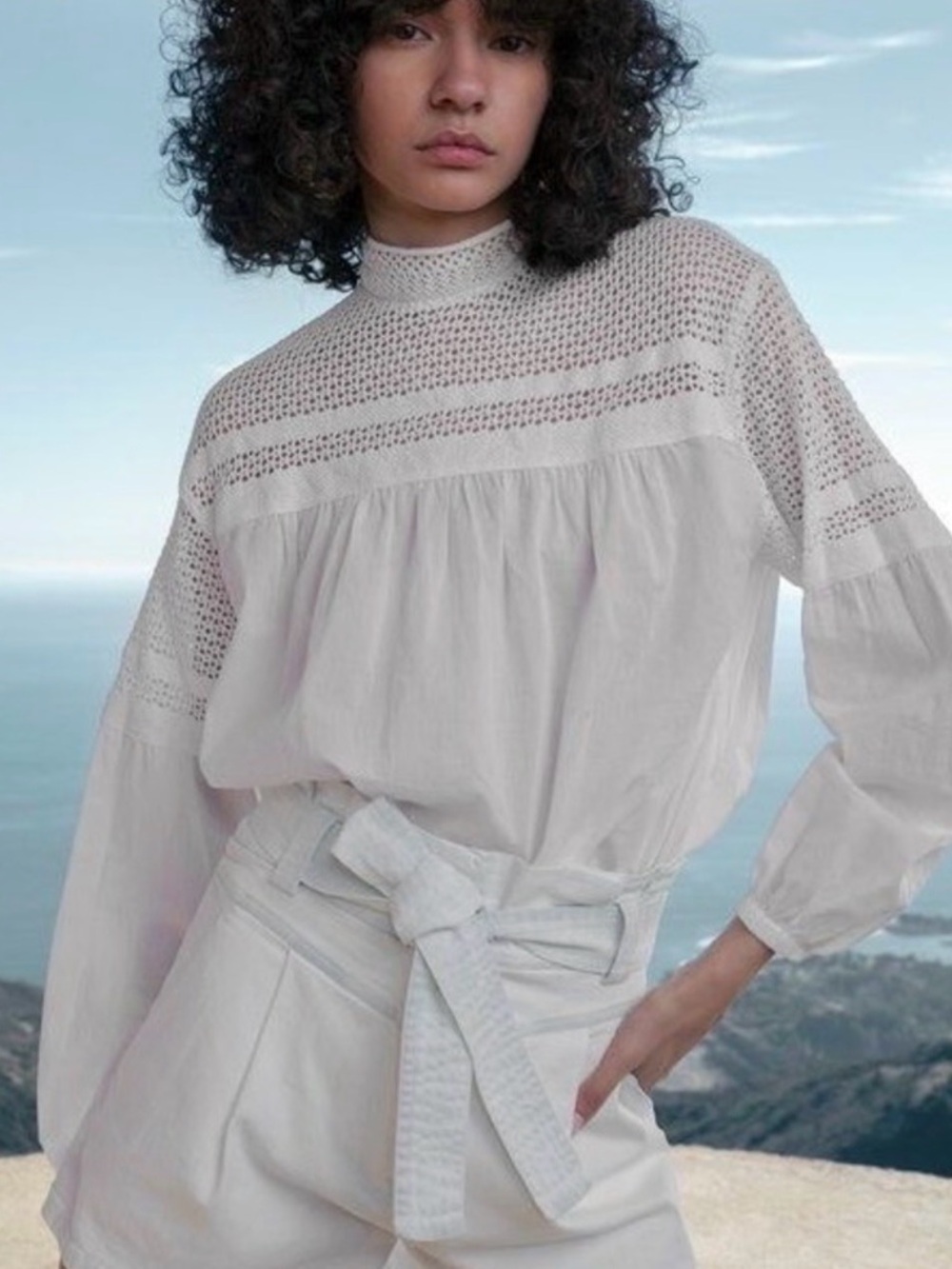 A.L.C. White Crochet Yoke High-Neck Blouse